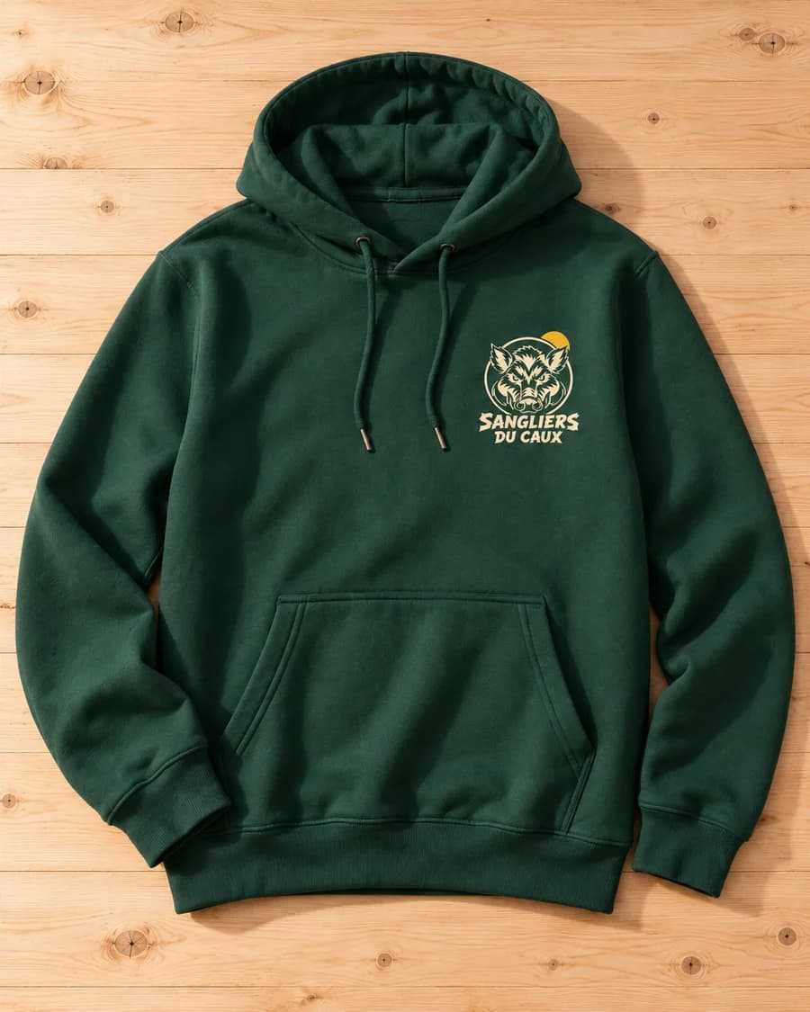 Sweat à capuche vert forêt avec le logo du crew sur la poitrine
